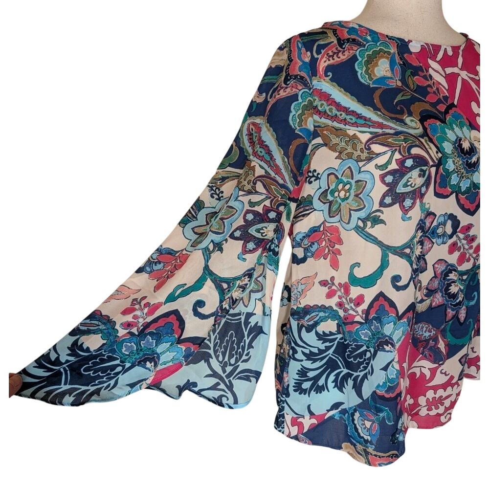 Chicos Womens Blouse Size 0 Small Blue Pink Floral Bell Sleeve Colorful - Picture 5 of 11